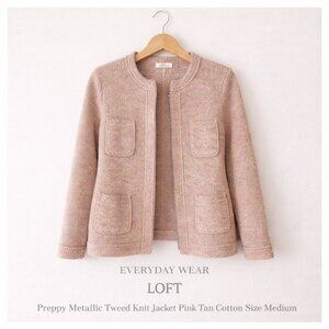 LOFT Preppy Metallic Tweed Knit Jacket Pink Tan Cotton Size Medium